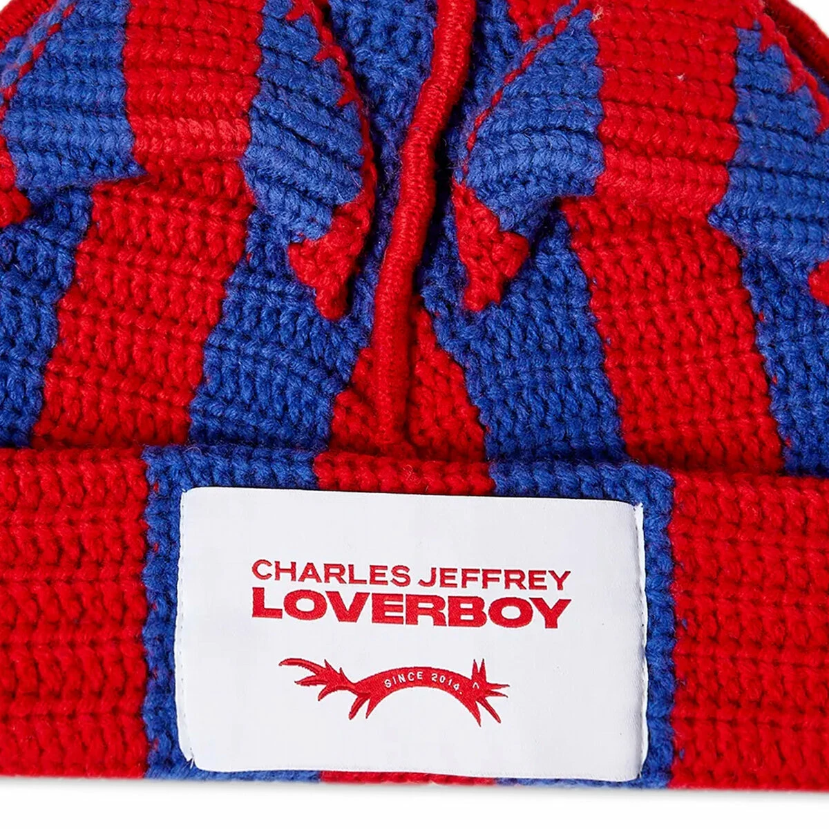 Charles Jeffrey LOVERBOY Striped Ears Beanie In Red/blue 1 Charles Jeffrey LOVERBOY Striped Ears Beanie In Red/blue