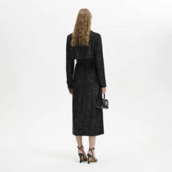Self Portrait Sequin Trench Coat In Black -Hervia Shop hervia.com aw23 048c b sequin coat col. black 1696608618AW23 048C B 4 2
