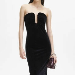 Self Portrait Velvet Strapless Midi Dress In Black