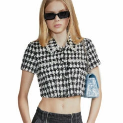 Self Portrait Boucle Check Crop Jacket In Black -Hervia Shop hervia.com aw23 154j b check boucle crop top col. black 1696843562bjdd