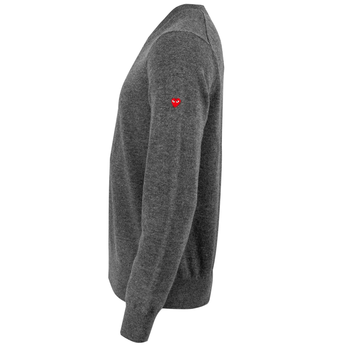 Comme Des Garçons PLAY N040 Small Red Heart V-Neck Jumper Grey In Grey 1 Comme Des Garçons PLAY N040 Small Red Heart V-Neck Jumper Grey In Grey