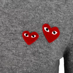 Comme Des Garçons PLAY N069 Double Heart V-Neck Jumper In Grey -Hervia Shop hervia.com comme des gar ons play n069 double heart v neck jumper 1567789077PLAY 8.2