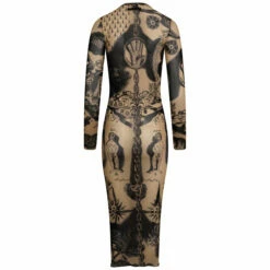 Jean Paul Gaultier Long Sleeve Tattoo Print Dress In Nude