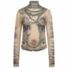 Jean Paul Gaultier The High Neck Tattoo Print Sheer Top In Nude