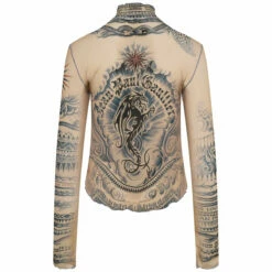 Jean Paul Gaultier The High Neck Tattoo Print Sheer Top In Nude -Hervia Shop hervia.com jean paul gaultier 23 15 f to111 j528 635030 long sleeves high neck col. nude blue red 1696949144 2AJ5543