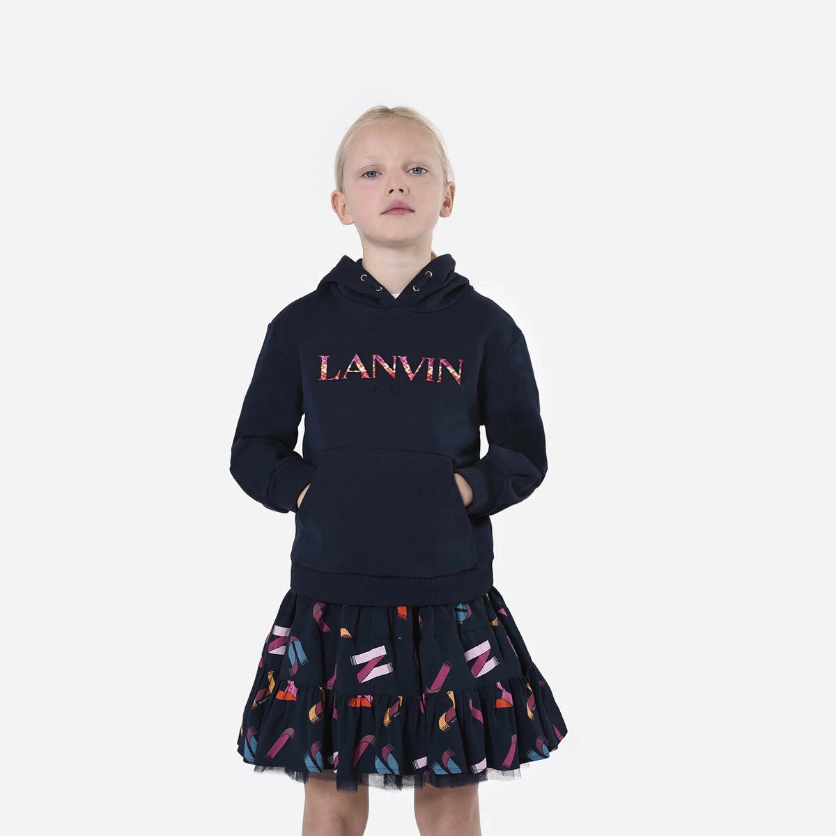 Lanvin Kids Curb Lace Tiered Ruffle Skirt In Navy 3 Lanvin Kids Curb Lace Tiered Ruffle Skirt In Navy - Image 3