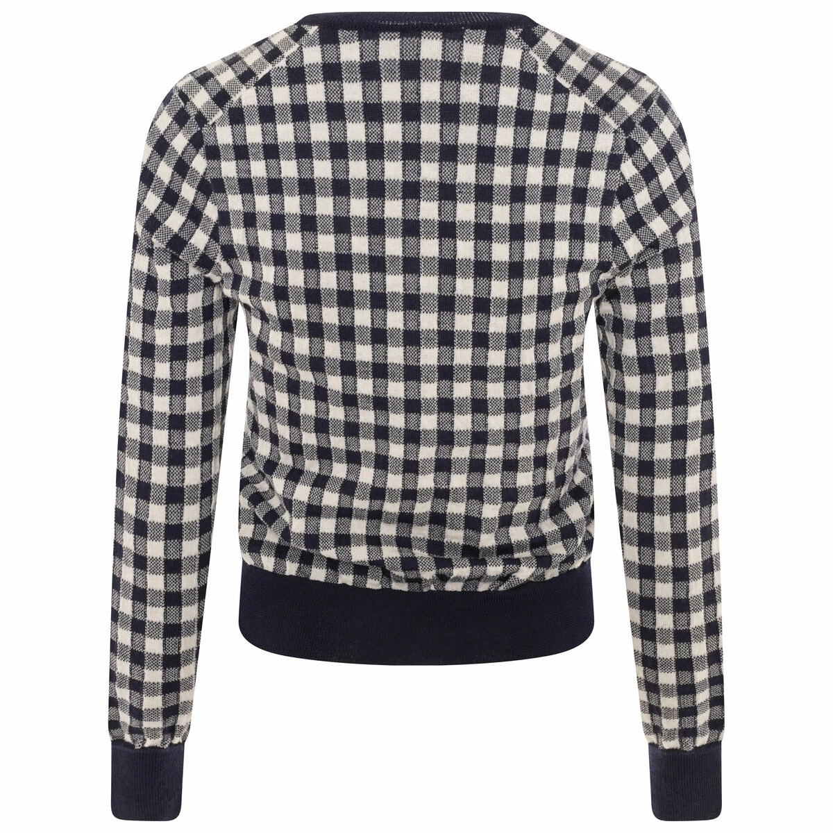 Comme Des Garçons Girl Gingham Check-Pattern Wool Knit Cardigan In Navy 1 Comme Des Garçons Girl Gingham Check-Pattern Wool Knit Cardigan In Navy