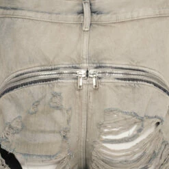 Rick Owens DRKSHDW Distressed Shredded Denim Trousers In Mineral Pearl -Hervia Shop hervia.com rick owens drkshdw du02c5363 dmpsh denim pants bolan banana col. mineral pearl shredded denim trousers 1699008878DU02C5363 2