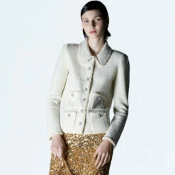 Self Portrait Pearl Boucle Classic Cardigan-Jacket In Cream