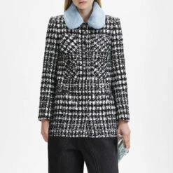 Self Portrait Boucle Check Faux Fur Collar Coat In Black
