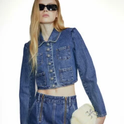 Self Portrait Denim Embellished Button Jacket In Blue