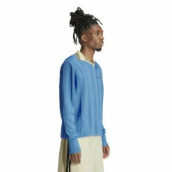 Adidas X Wales Bonner Knit Long-Sleeve Football Top In Blue -Hervia Shop hervia.com wb knit ftbl ls col. lucblu 1699283209IN5954 6 APPAREL On Model Walking View white
