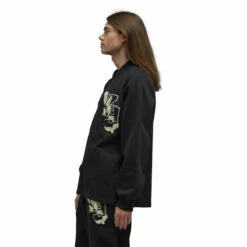 Y-3 Graphic Logo French Terry Crew Sweater In Black -Hervia Shop hervia.com y 3 iq2130 gfx ft crew col. black blayel graphic logo french terry crew sweater 1691574520IQ2130 6 APPAREL On Model Side View white